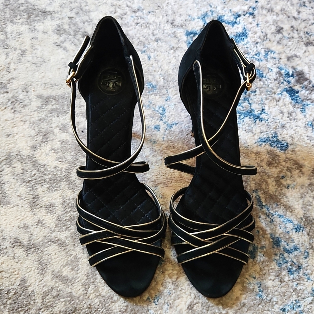 Tory Burch Women's Size 8.5 Breanna Black Gold Suede Leather‎ Strappy Heels